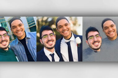 three images, one of the study author standing next to Daily Show host, Trevor Noah, a second of their respective heads affixed to genAI bodies at a wedding, a third image of just their heads.