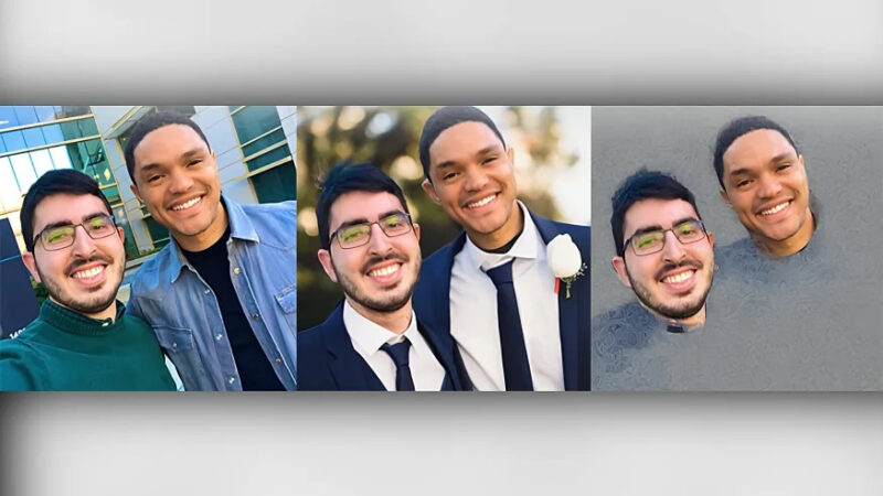 three images, one of the study author standing next to Daily Show host, Trevor Noah, a second of their respective heads affixed to genAI bodies at a wedding, a third image of just their heads.