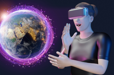 Woman wearing VR glass looks at globe hologram in Metaverse