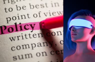 word policy in a dictionary; girl with VR glasses in metaverse