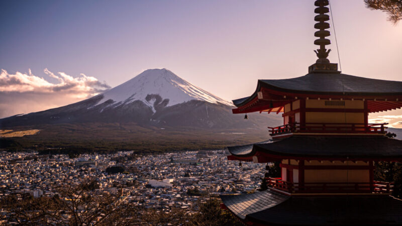 Japanese landscape of Chureito red Pagoda and Mt. Fuji at Japan