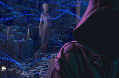 A faceless man wearing a hoodie in front of a virtual background | S.Korean man sentenced to four years for sexual abuse in metaverse | south korea metaverse, metaverse sex crime, metaverse sex abuse