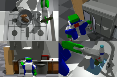 Illustration with four panels shows 3D models of robots performing various tasks. From top left: a pan of potatos on top of stove, with a robot holding a food item. To the right is a robot standing in front of a cabinent. In the bottom left, a robot stands in front of a full kitchen and reaches for a pot. In the bottom right quadrant, a robotic gripper reaches into the sink for an item, next to two water bottles.
