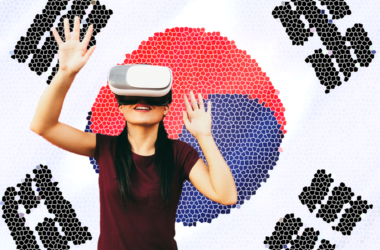 A woman wearing a VR headset in front of a pixelated South Korean flag | S.Korea’s science ministry announces ethical principles for the metaverse | south korea metaverse, metaverse crime, metaverse sex abuse