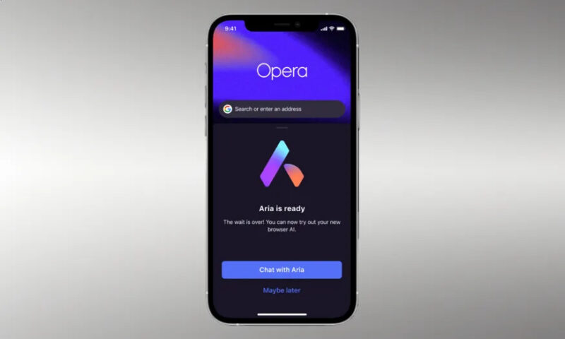 The Opera browser running on an iPhone (center), showing the setup page for the Aria AI assistant. Gray gradient background.