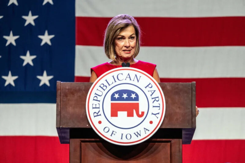 Iowa Governor Kim Reynolds speaks at the Republican Party of Iowa's 2023 Lincoln Dinner at the Iowa Events Center in Des Moines, Iowa, on July 28, 2023. (Photo by Sergio FLORES / AFP) / "The erroneous mention[s] appearing in the metadata of this photo by Sergio FLORES has been modified in AFP systems in the following manner: [Iowa Governor Kim Reynolds] instead of [US senator Joni Ernst]. Please immediately remove the erroneous mention[s] from all your online services and delete it (them) from your servers. If you have been authorized by AFP to distribute it (them) to third parties, please ensure that the same actions are carried out by them. Failure to promptly comply with these instructions will entail liability on your part for any continued or post notification usage. Therefore we thank you very much for all your attention and prompt action. We are sorry for the inconvenience this notification may cause and remain at your disposal for any further information you may require." (Photo by SERGIO FLORES/AFP via Getty Images)