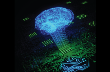 Realistic drawing of a printed circuit board, with circuit lines projecting above it in the shape of a brain