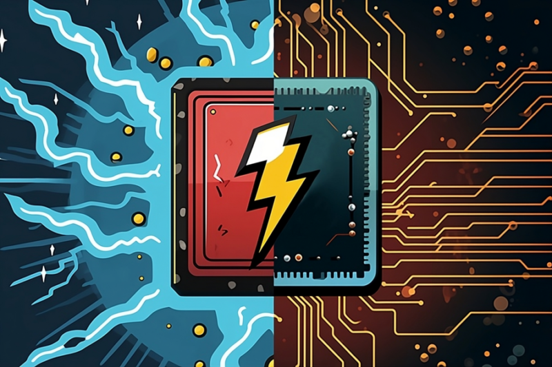 Colorful abstract drawing with blue lightning streaks on the left, gold microcircuits on the right, and a computer chip with a lighting bolt in the middle