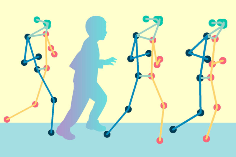 A silhouette of a child running is next to 3 stick-figure like people made of colorful lines and balls for joints.
