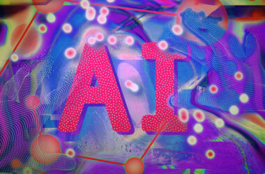 Large red text says “AI” in front of a dynamic, colorful, swirling background. 2 floating hands made of dots attempt to grab the text, and strange glowing blobs dance around the image.
