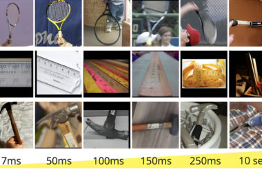 3 by 6 grid of photos. Rows depict tennis rackets, measuring tape/rulers, and hammers. Along the bottom are time measurements from 17 milliseconds to 10 seconds, and the objects are increasingly harder to recognize from left to right.
