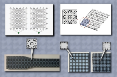 Illustration showing the development stages of 3D-printed microstructures. At left, interconnected network diagrams with two highlighted nodes. At right, a 2D pixelated microstructure pattern that looks like a crossword puzzle. Below, a physical object showcases the same complex pattern, suggesting it's a 3D-printed prototype.