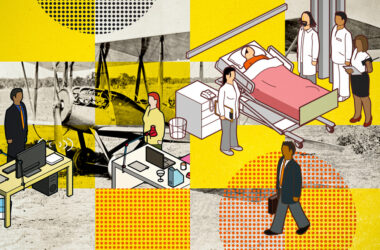 Stylized collage shows a vintage photo of an airplane collaged with isometric illustrations of office and healthcare workers.