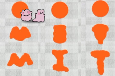 Three orange blobs turn into the letters and spell “MIT.” Two cute cartoony blobs are in the corner smiling.