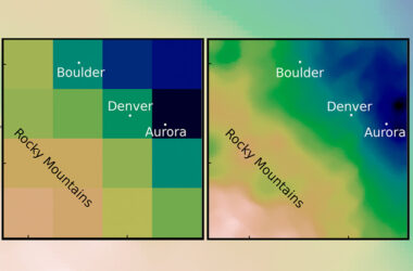 Side-by-side maps showing model predictions of extreme rainfall near Denver, Colorado. Image at left shows square, low-resolution data. Image at right is much higher resolution.